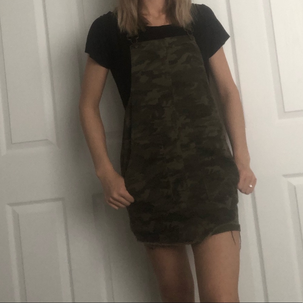Distressed camo overall dress